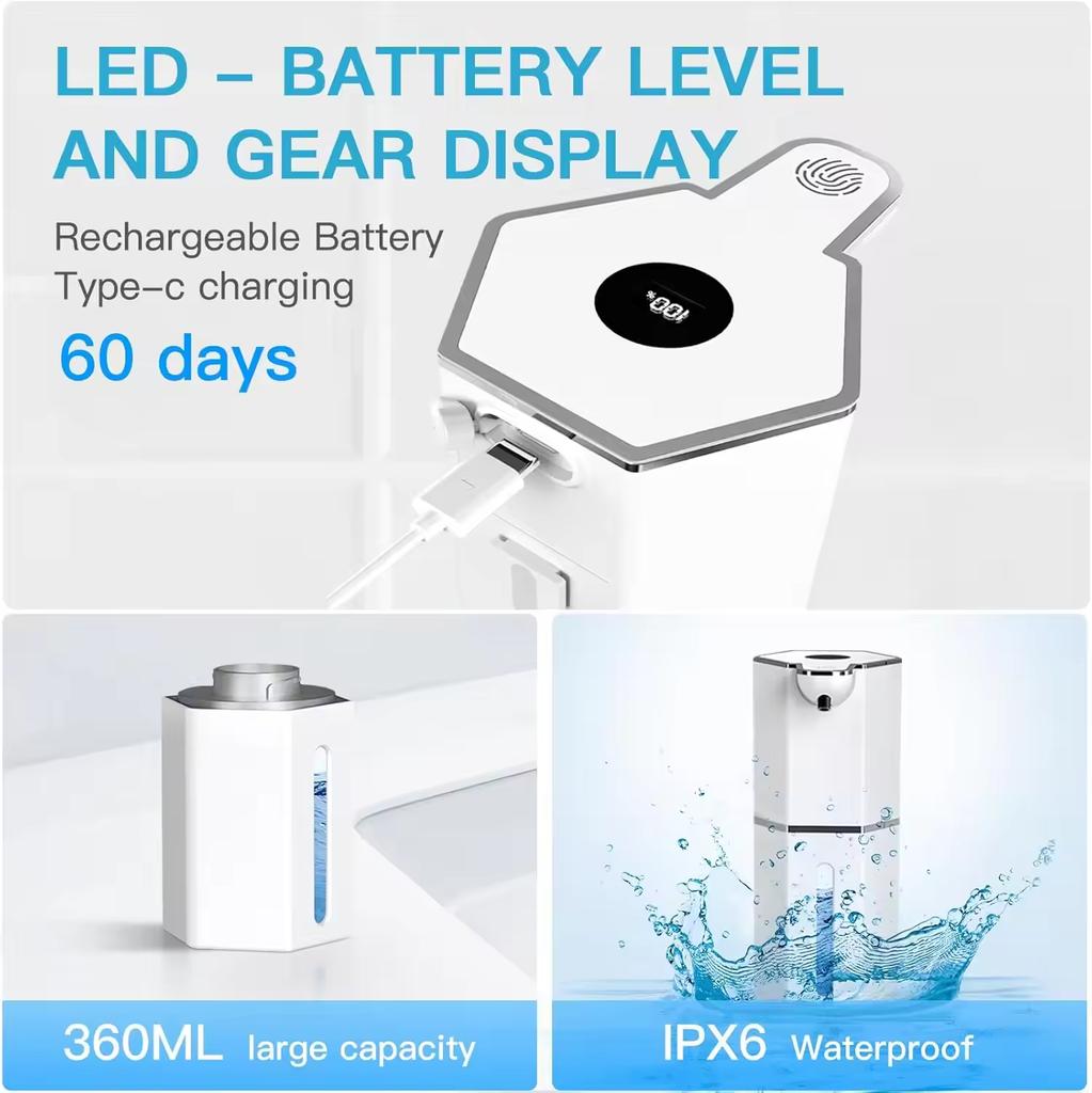 Foaming Soap Dispenser Wall-Mounted No Drilling Liquid Soap Dispenser Long Battery Charging Automatic Soap Dispenser Ipx5