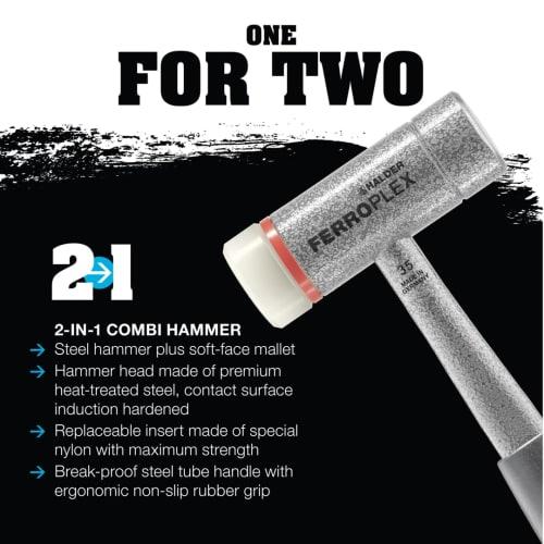 Rohmheld Halder Ferroplex Combi Hammer, Hardened Steel, White Nylon, Diameter 35, 3677.035