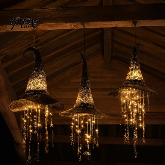 Lighted Outdoor Porch Decorations Light Up Witch Hat Hanging Lamp, Glowing Halloween Ornament with Twinkling Star String Lights Stars Moon,