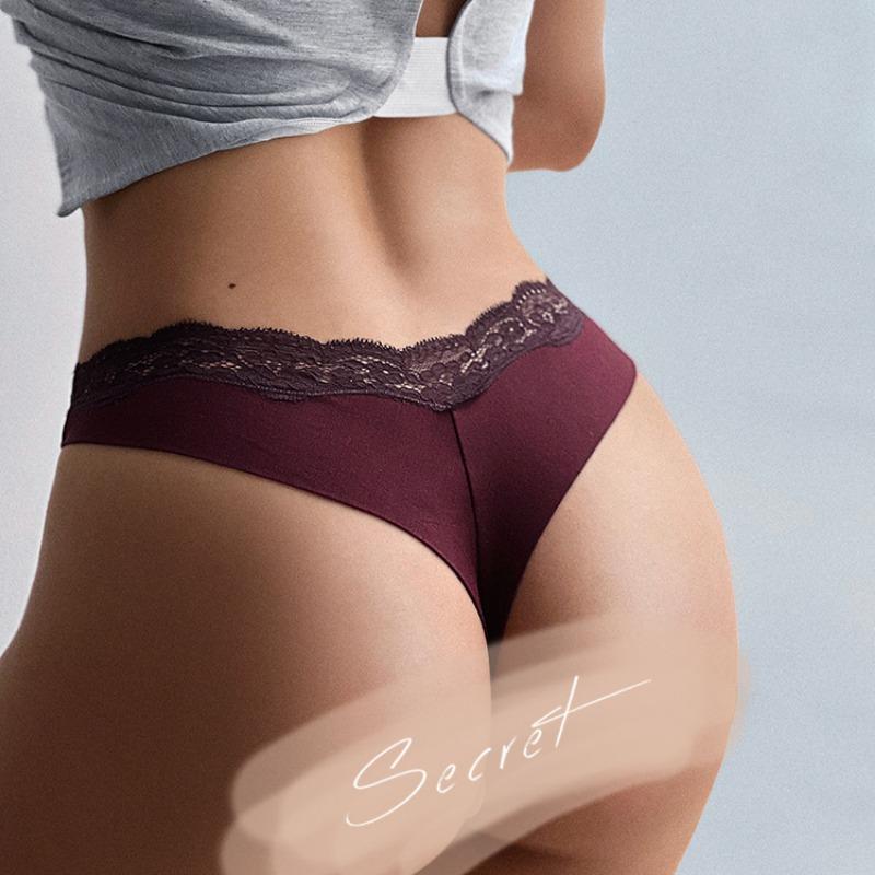 Ladies Spring and Summer Sexy Clash Color Lace Edge Soft High Fork No Trace Thong Underwear