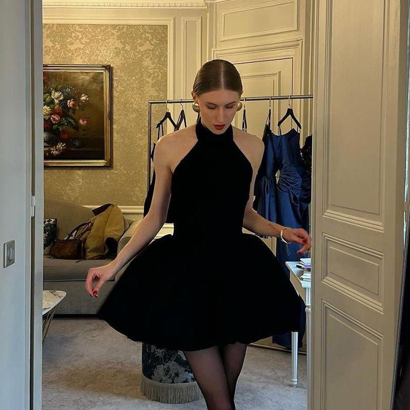 French Style Dress Lace-up Hanging Neck Sexy Backless Slim Fit Slimming Solid Puffy Short Dress Women's Dress