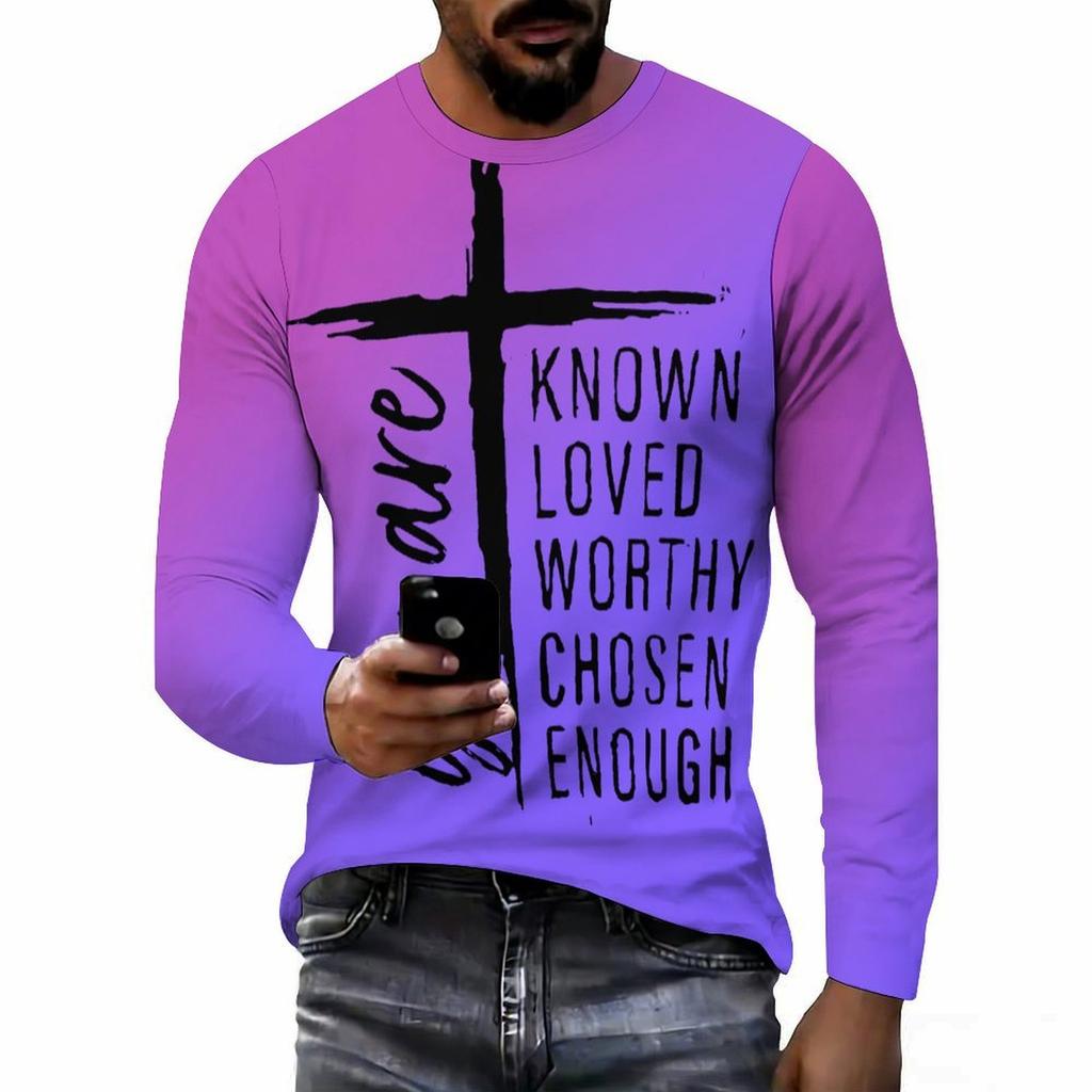 Men Gradient Color Crew Neck Long Sleeve T Shirt Faith Letter Print Casual Daily Wear Top For Spring Autumn