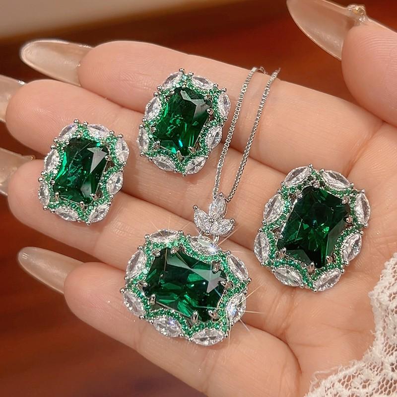 Womens Fashion Jewelry Set With Green Gemstone Zircon Accents Necklace Earrings Ring In Geometric Square Design