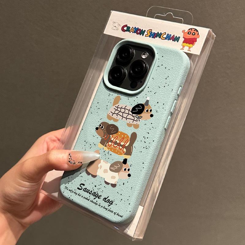 Cute Dachshund for Apple 15 Promax Mobile Phone Case for IPhone 14 New Lychee Pattern 13 Interesting Niche