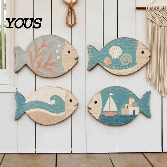 Ocean Theme Wall Decorations for Bedroom 4Pcs Wooden Hanging Fish Art, Coastal Bathroom Plaque with Nautical Handcrafted Art Living Room Bedroom,
