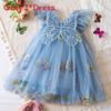 Korean Style Girl Dress With Embroidered Flowers And Tulle For Toddler Girls