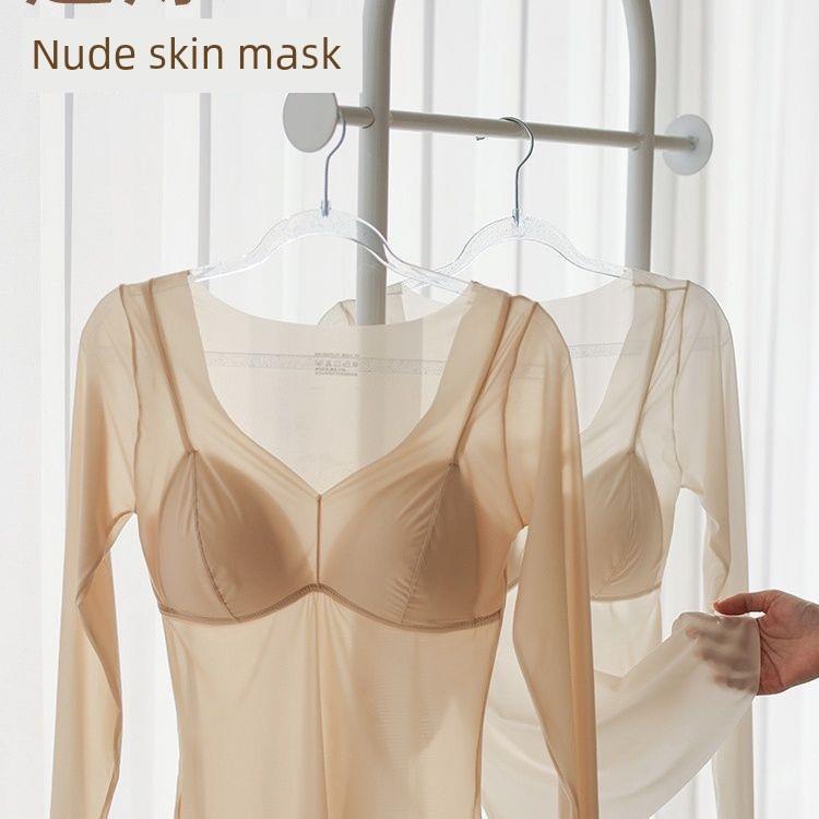 Autumn and Winter Ultra-Thin Thermal Beauty-Enhancing Clothing with Built-In Chest Pads for Women, Slimming Seamless Base Layer Long-Sleeve Top