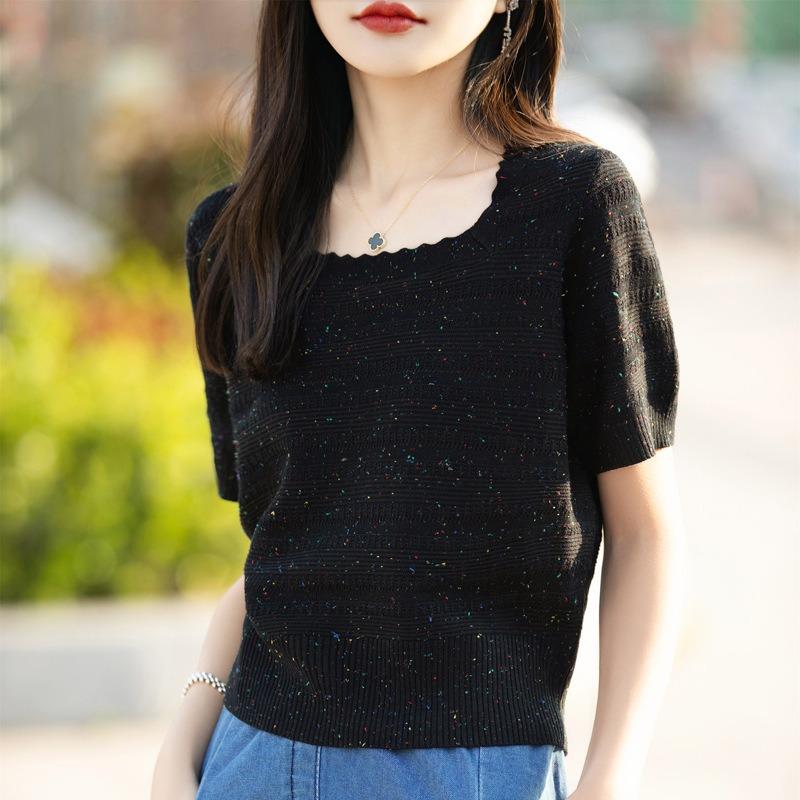 

Новая свободная и утягивающая футболка с высокой талией и короткими рукавами, связанная из цветной пряжи XXL чёрный