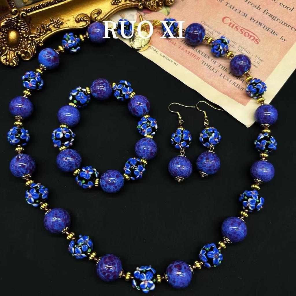 Medieval Vintage Retro Purple Frog Skin Glazed, Murano Purple Versatile New Chinese Necklace Earrings