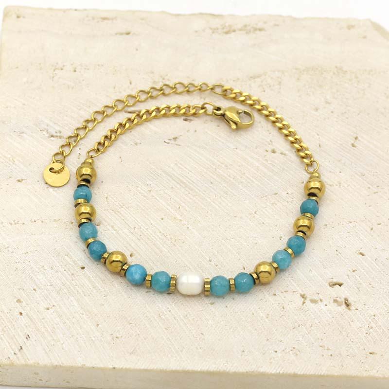 Gold-Plated Stainless Steel Bracelet for Women with Blue Stone Beads Pendant - Retro European & American Luxury Fashion Jewelry