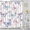 Butterfly Shower Curtain, Spring Flower Watercolor Farm Daisy Purple Flower Modern Simple Aesthetic Printed Bathroom Decoration