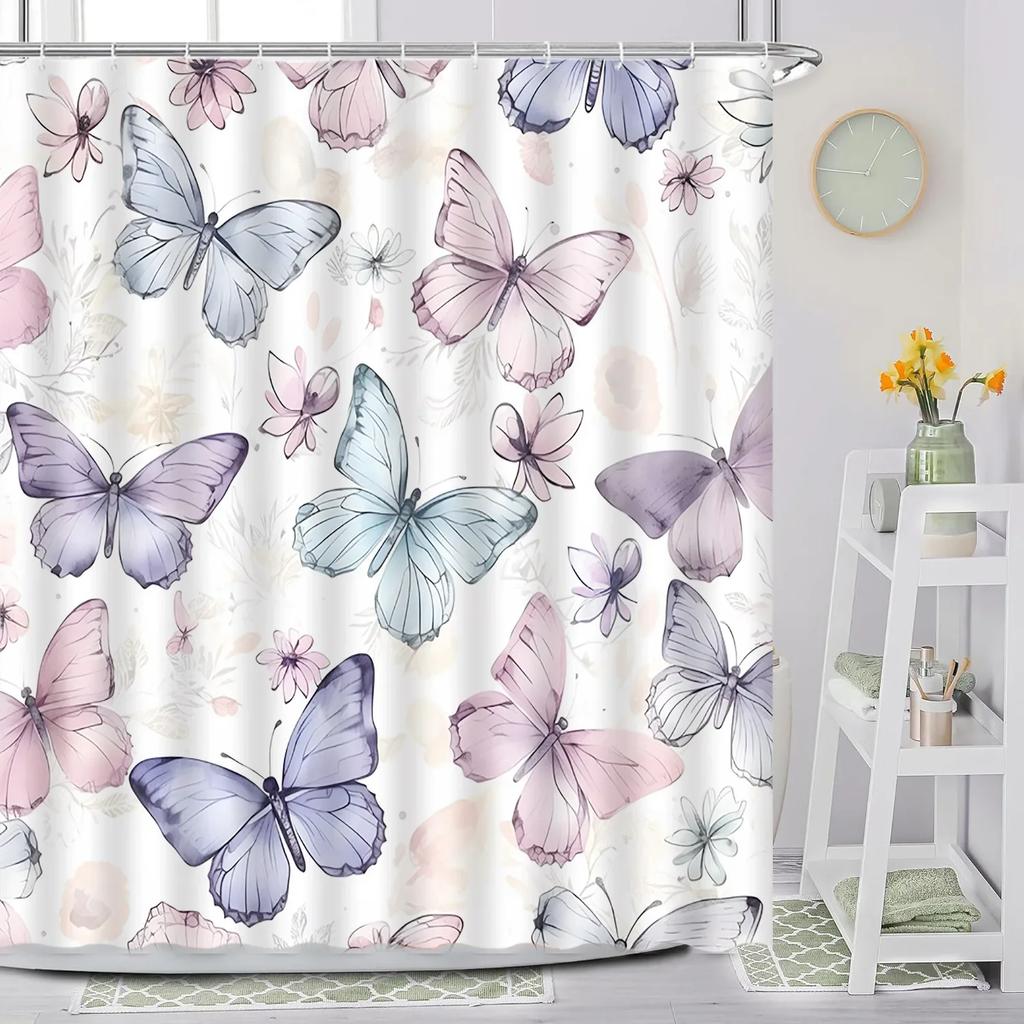 Butterfly Shower Curtain, Spring Flower Watercolor Farm Daisy Purple Flower Modern Simple Aesthetic Printed Bathroom Decoration