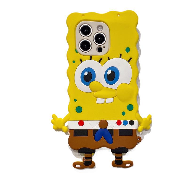 Applicable to Apple 15 cute cartoon mobile phone case SpongeBob SquarePants iPhone16Pro messenger rope protective case