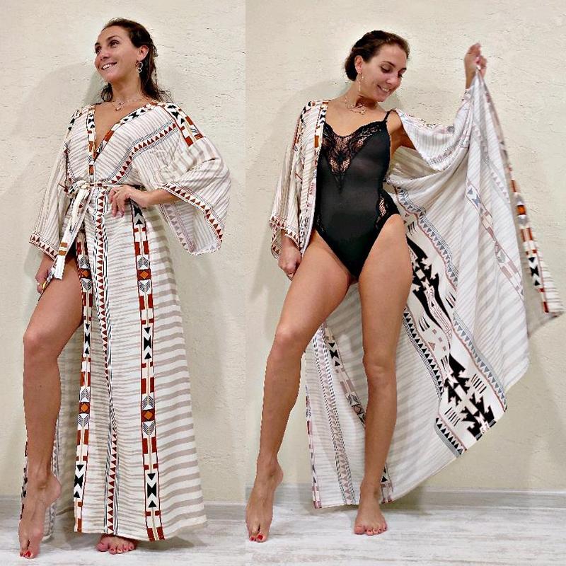 Cotton Beach Kimono Women Cover Ups Print Beach Cover Up Saida De Banho Para Praia Sarong Robe