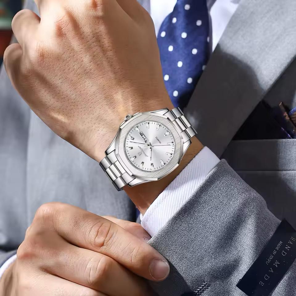POEDAGAR Luxury Men Wristwatch Waterproof Luminous Week Date Casual Clock Stainless Steel Quartz Fashion Watches Reloj