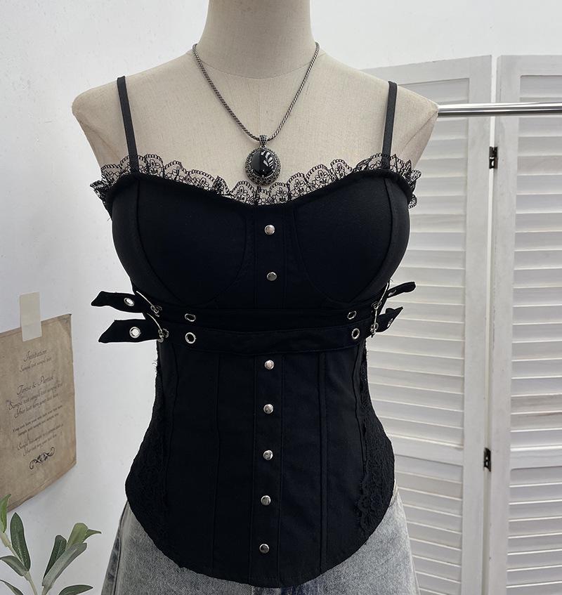 Y2K Spicy Girl Lace Trim Camisole with Chest Pads and Back Zipper One size