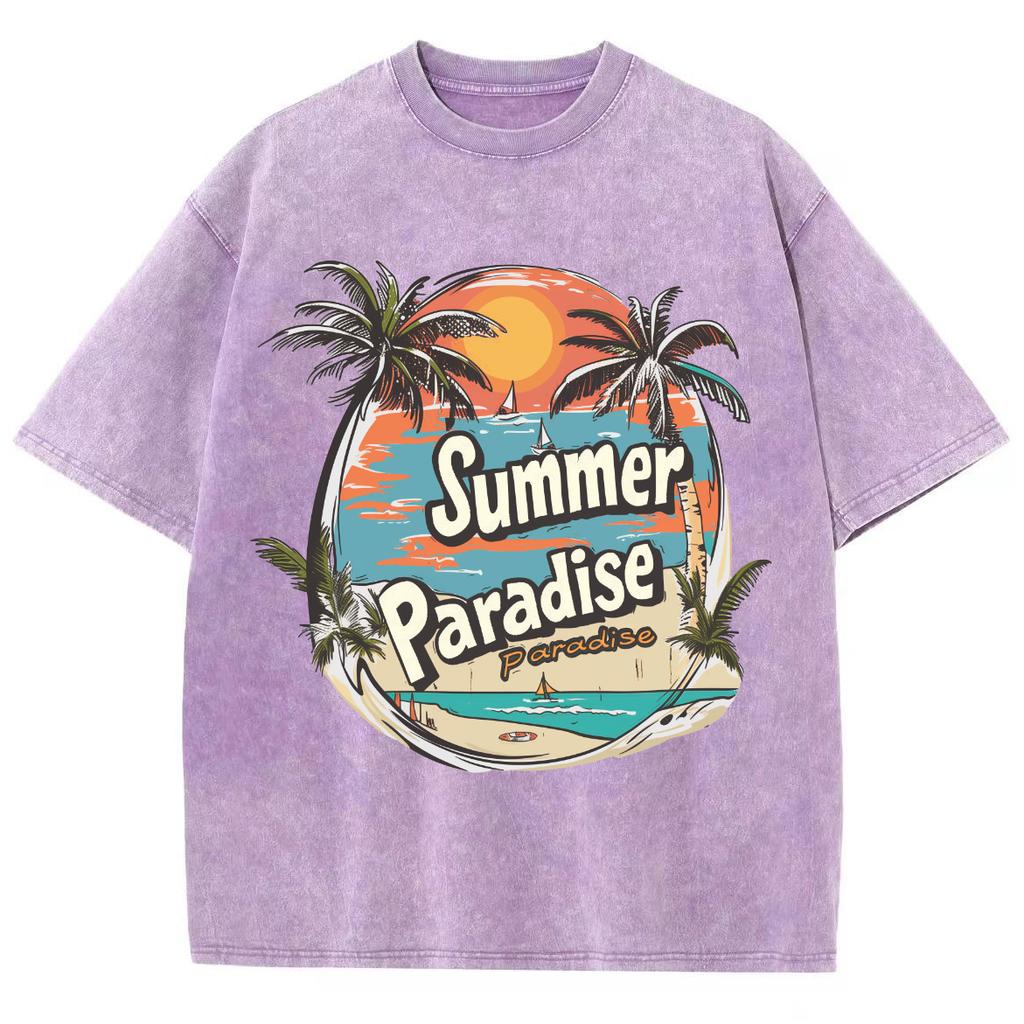 Coconut Tree Landscape Print Washed Denim Women's T-Shirt Pink Loose Extra Large Sleeve Casual Trend Street Top