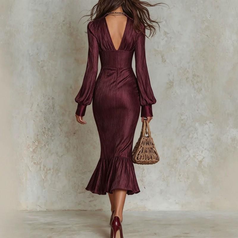 Elegant V-Neck Long Sleeve A-Line Dress With Button Detail High-Waisted Satin Stretch Midi Formal Occasions