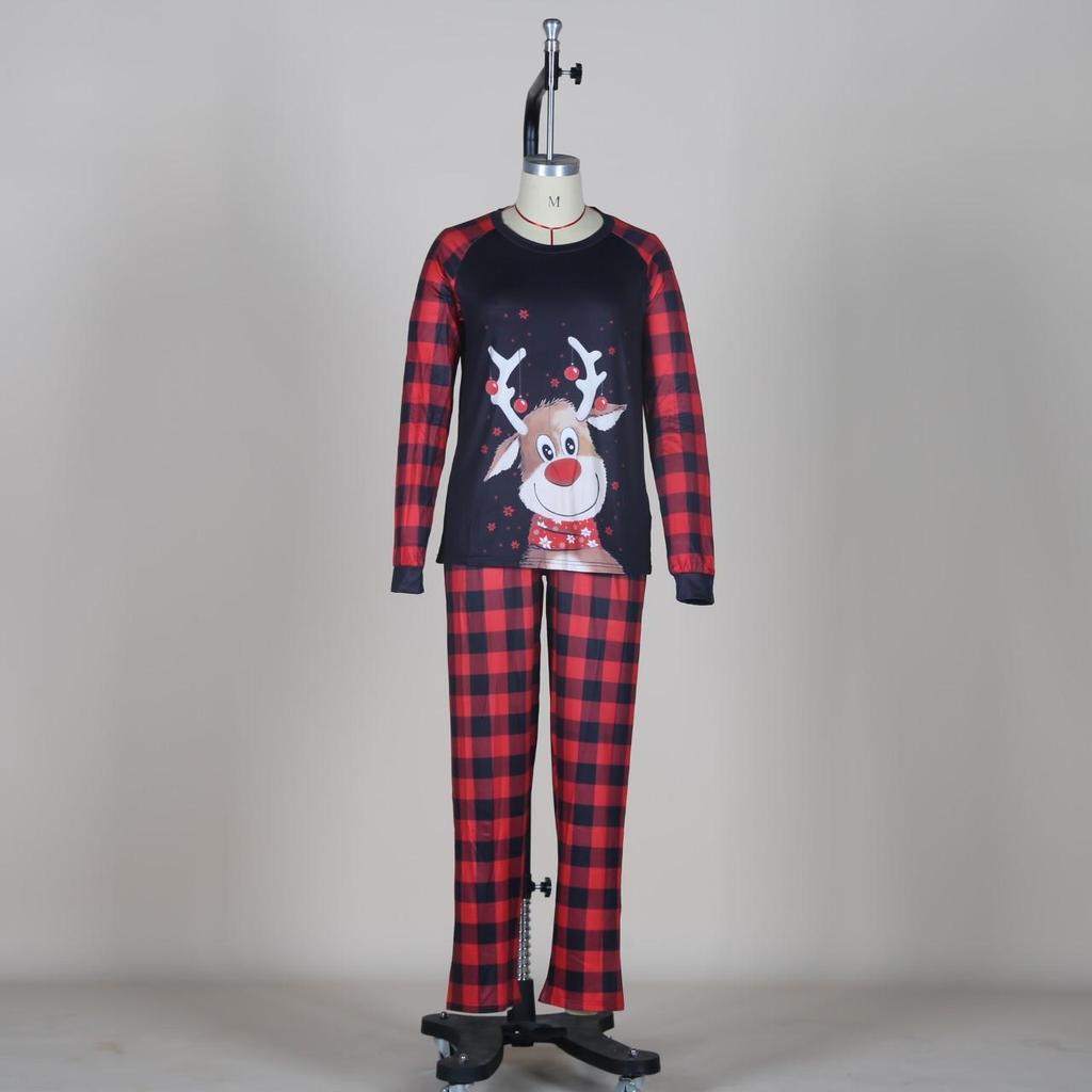 European-American Christmas Deer Print Pajamas - Family Matching Plaid Round Neck Set