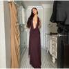 Sexy Halter Brown Long Dress Women Slim Backless Pleat Knot High Slit Draped Dresses Female 2025 Summer Lady Beach Party Dress
