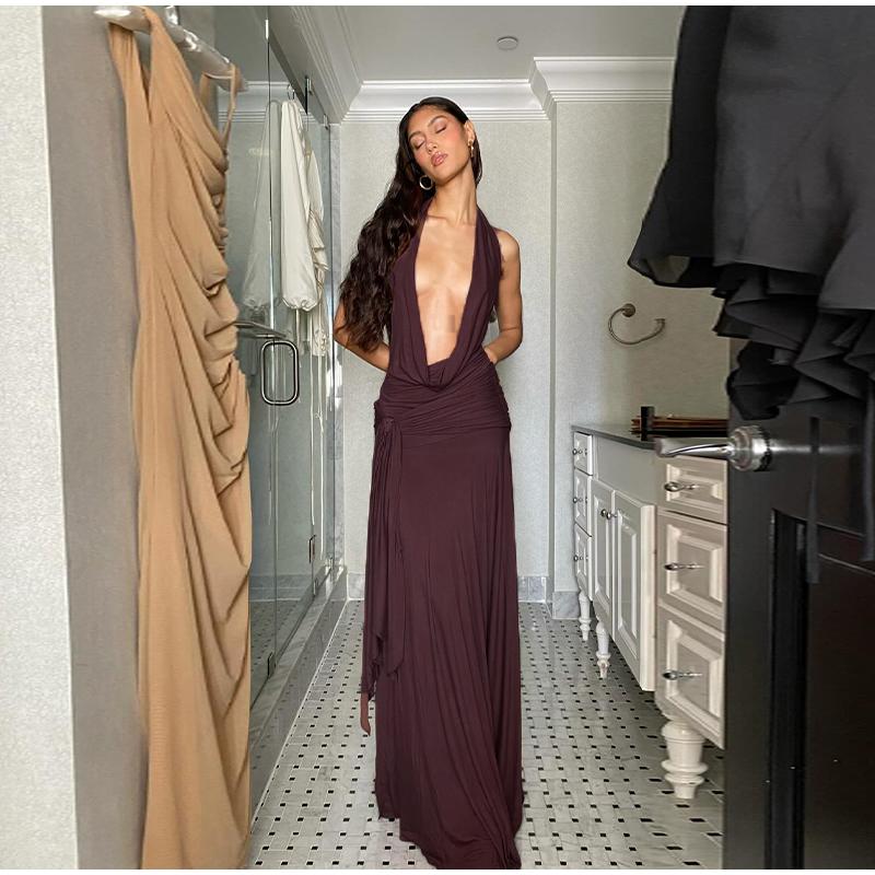 Sexy Halter Brown Long Dress Women Slim Backless Pleat Knot High Slit Draped Dresses Female 2025 Summer Lady Beach Party Dress