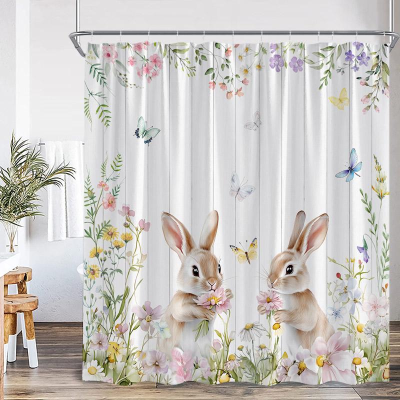 Easter Shower Curtains Watercolour Floral Leaves Butterfly Cute Rabbit Bath Curtain Fabric Home Bathroom Decoration With Hooks