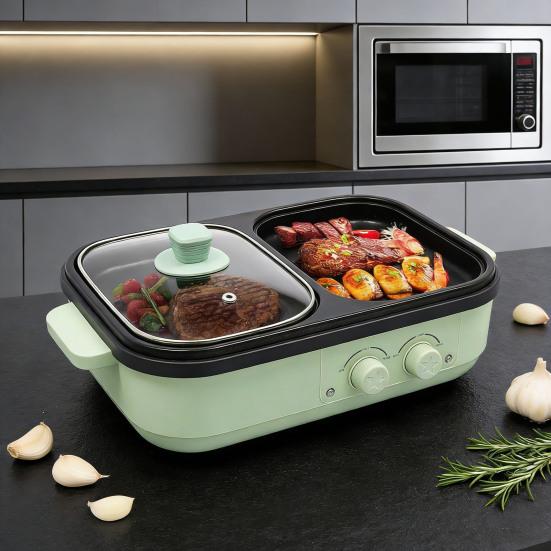 Elektrikli Hot Pot Izgara Tavası 2'si 1 Arada Yapışmaz Hot Pot Tava Cam Kapaklı Hızlı Isıtma Çift Sıcaklık Kontrolü Aşırı Isınma Koruması Ocak