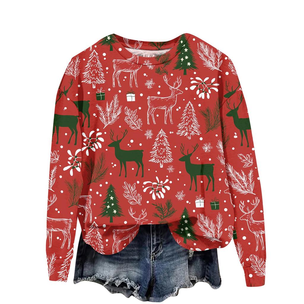 Women's Casual Long Sleeve Christmas Print Crewneck Sweatshirt Top for Fall and Winter