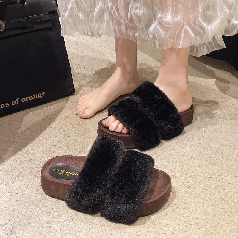 2026 Women's Fashion Slippers Round Toe Platform Sole One-line Fur Slippers Outdoor Fashion All-match Plus-size Cotton Slippers
