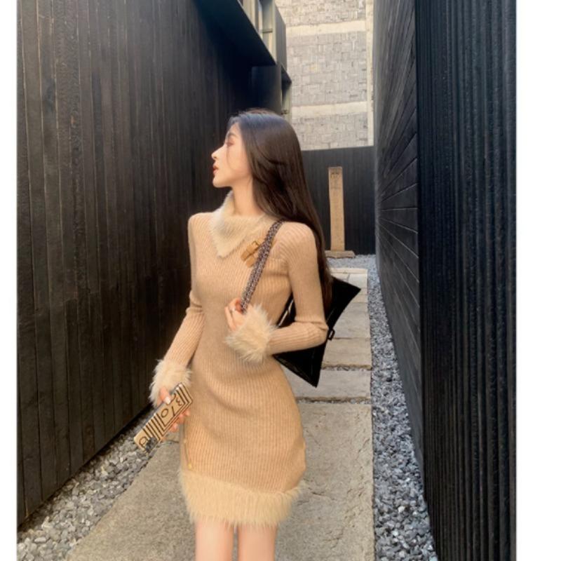 Rochie tricotată toamnă și iarnă pentru femei noi de înaltă calitate și minion un temperament care pulover solid tricotat pentru femei