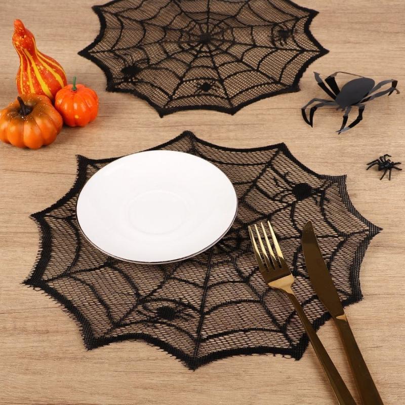 2/4Pcs Spider Web Black Lace Tablecloth Halloween Table Cloth Decorative Placemat Cosplay Spider Silk Party Table Ornament
