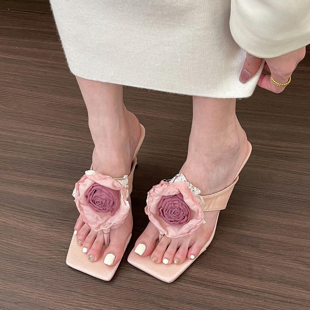 Rose rose! Chinese flower high heel sandals women spring and summer toe thin heel cool slippers women