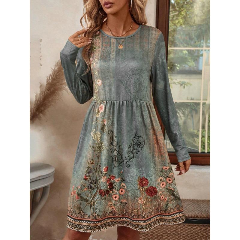 Women Floral Print Round Neck Long Sleeve Casual Dress A Line Vintage Midi Dress