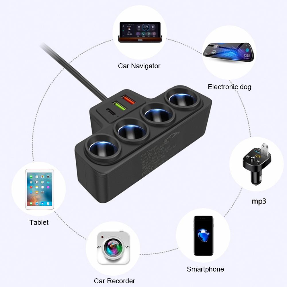 12V 24V Car Cigarette Lighter Splitter with 4 Outlets and 3 USB Ports Fast Charging QC3.0 PD3.1A