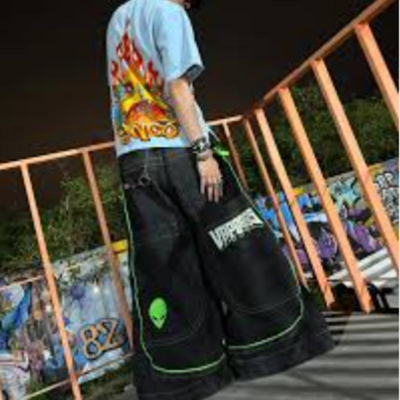 FlowStreet European and American Autumn Winter Jeans Casual Wide-leg Harajuku Alien Pattern Trousers Hip-hop High Street Gothic Jeans