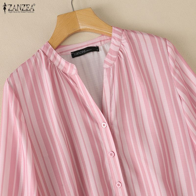 ZANZEA Women Commute Casual V-Neck Stripe Print Loose 3/4 Sleeve Blouse