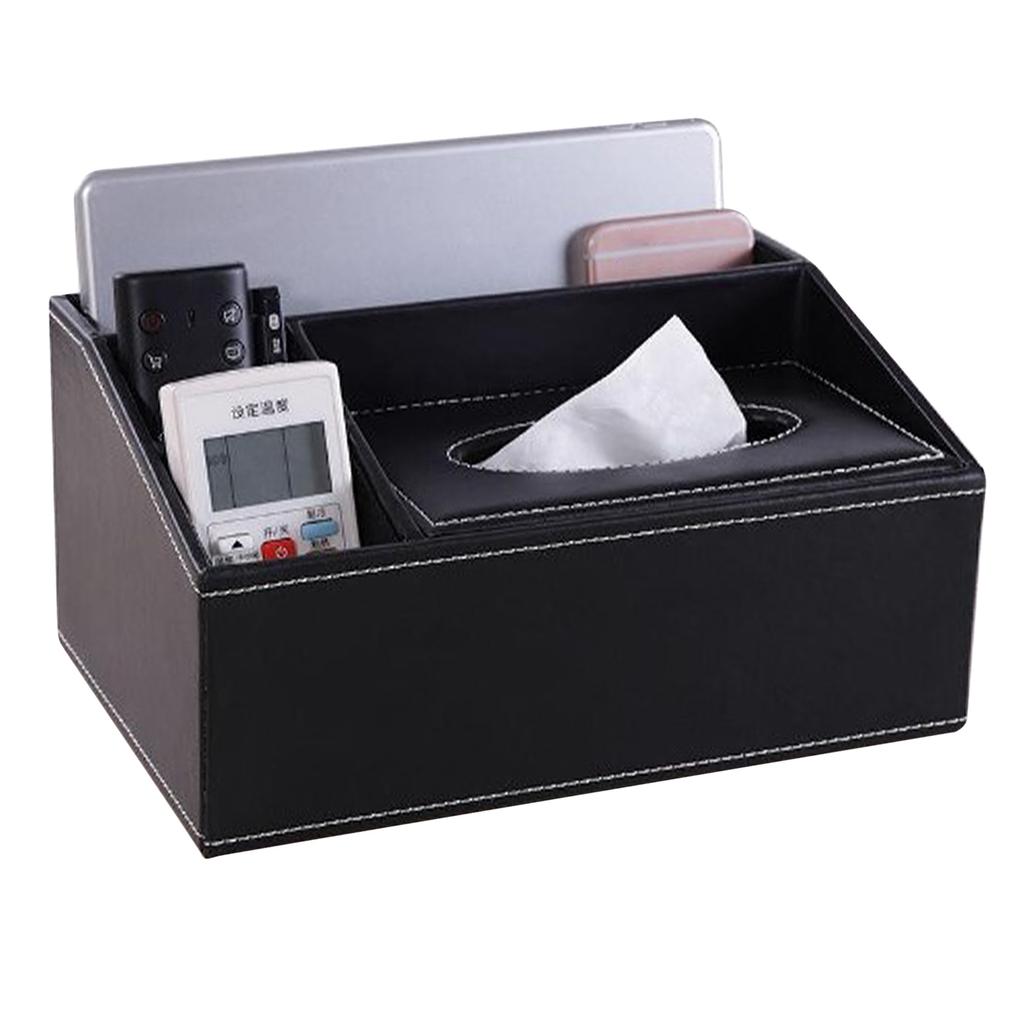 Multifunction Tissue Box Black Multiple Compartments Durable PU Leather Rectangular Tissue Box