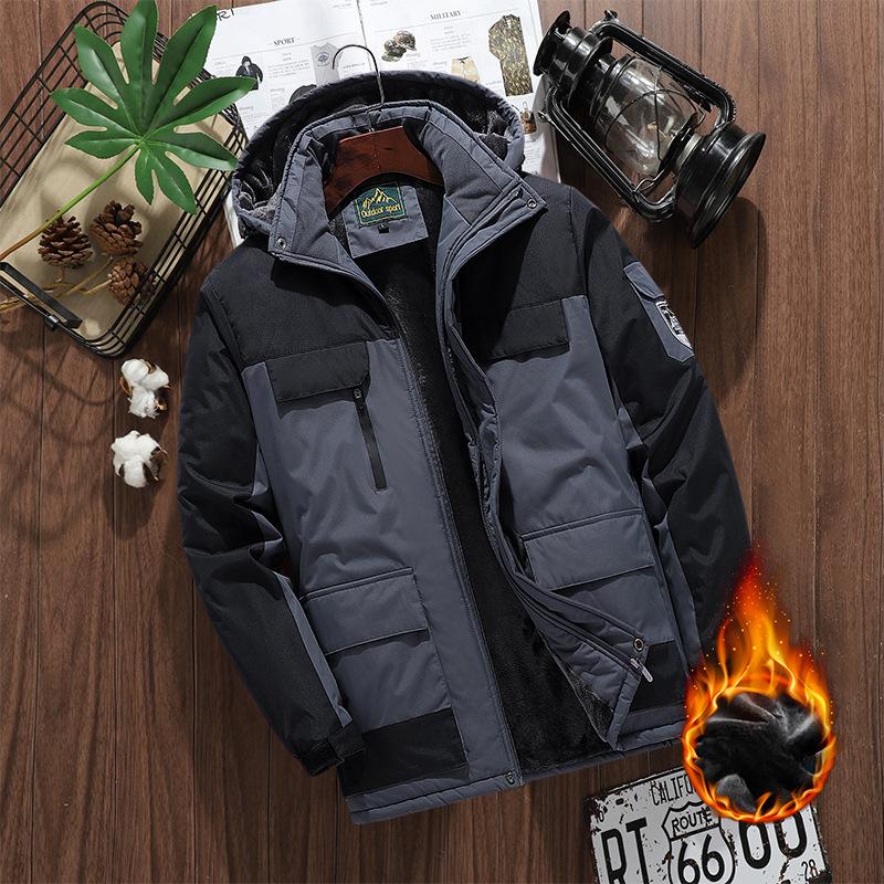 Fashion Casual Waterproof Sports Mountaineering Suit Winter Jacket Men's Plus Velvet Thick Windproof Multi-pocket Hooded Waterproof Jacket Men