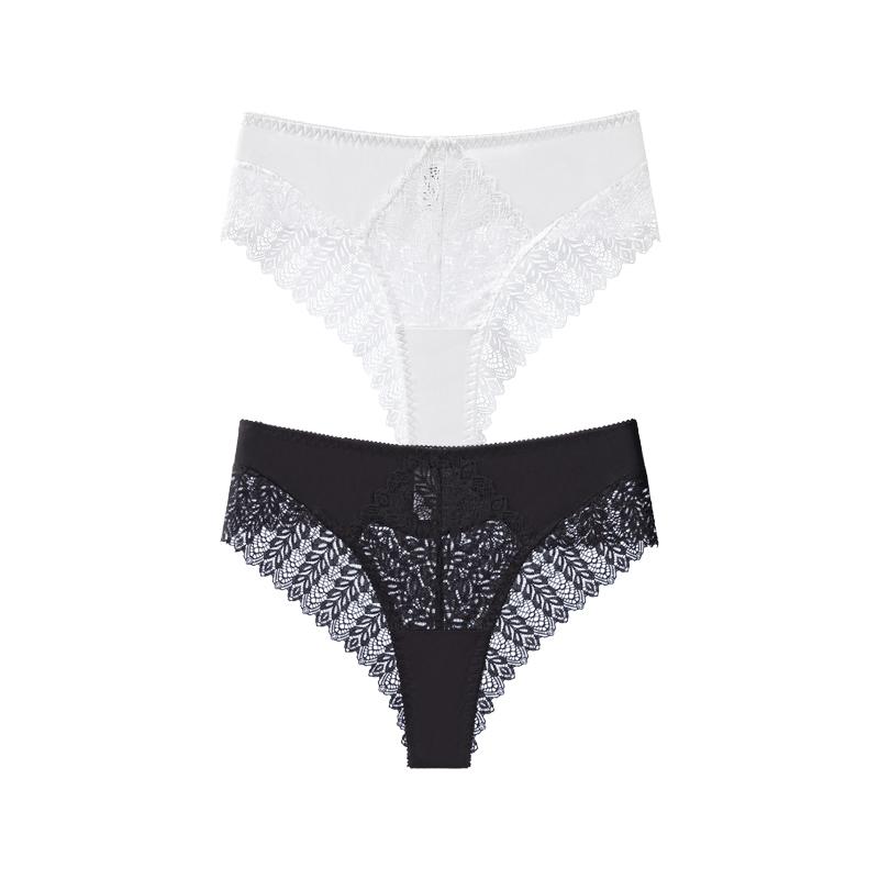 TERMEZY 2Pcs/Lot Sexy Mid Rise Patchwork Briefs Hollow-out Lace Pattern Panties Solid Color Breathable Skin-fit Briefs