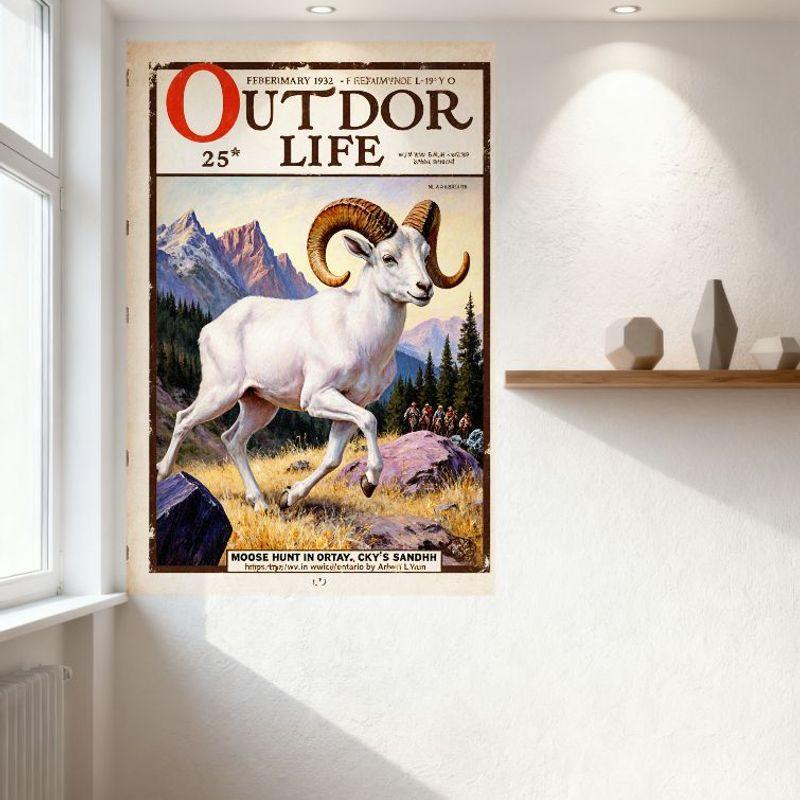 Vintage Outdoor Life February 1932 Moose Hunt Tin Sign, 1932 Outdoor Life Magazine Cover Metal Poster with Bighorn Sheep Illustr