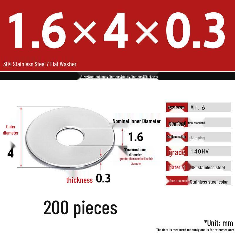 304 Stainless Steel Thickened Flat Washer Set, Sizes 2-36