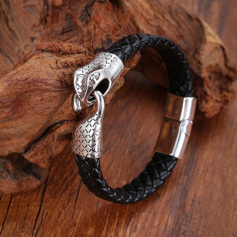 Minimalistisch Slangenkop Gevlochten Leren Armband Stijlvol Heren Modeaccessoire Trendy Cadeau voor Hem
