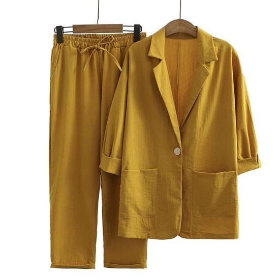 2Pcs/Set Women Spring Autumn Casual Outfit Lapel 45720 Sleeve Single Button Pockets