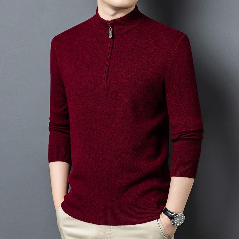 Men's 100% Pure Wool Half-Zip Thickened Sweater, High-End Solid Color Knitwear for Autumn/Winter