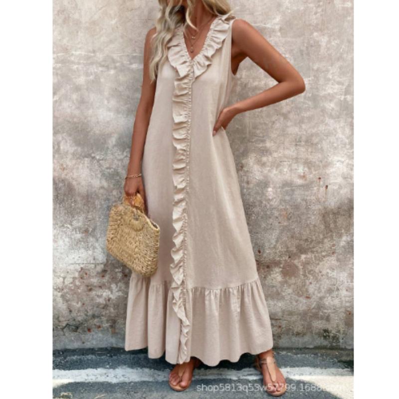 Bohemian Maxikleider Für Damen Im Frühling Und Sommer, Einfarbiges, Ärmelloses, Geräuchertes Langes Kleid Mit V-Ausschnitt Und Plissee