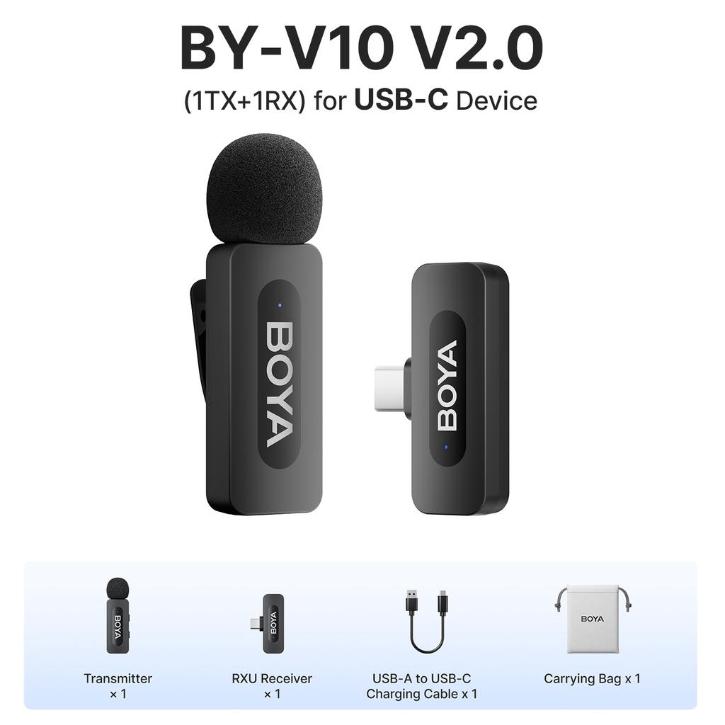 Microfono lavalier wireless BOYA BY-V3 con clip, microfono ricaricabile con cancellazione del rumore per iPhone, Android, fotocamera, live streaming, vlogging
