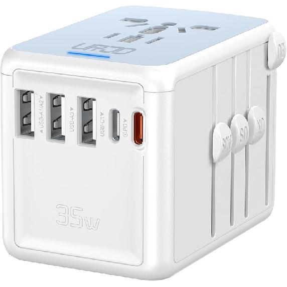 Universal Travel Adapter 35W PD Fast Charging Offers 3X2.4A USB-A Ports, 2X USB-C Ports and Multi AC Outlet, International Plug Converter Worldwide
