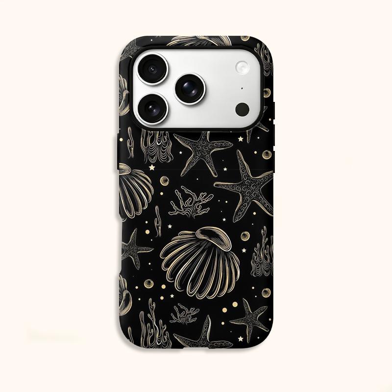 Elegant Ocean Black Gold Starfish Seashell Coral Graphic Art Film Aesthetic Protective Shockproof Bumper Phone Cover For iPhone 14 15 16 Pro Max Plus