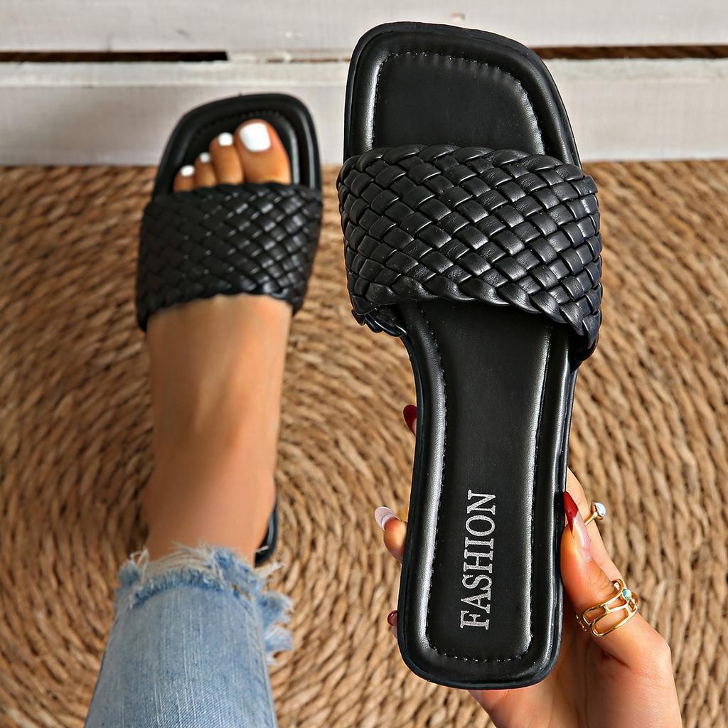 Size 35-43 square head flat bottom woven slippers women's 2025 new summer one-word outer wear casual slippers women