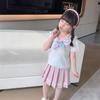 Summer Children Girls Student Set JK Mandarin Collar Tshirts and Pleated Skirts Kid Bottom